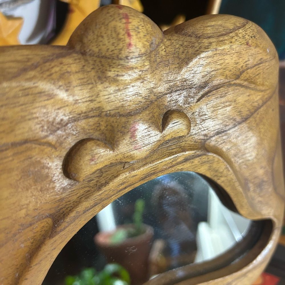 Unique Handcrafted Carved Wooden Face Mirror Indonesia 9" X 7.5” - Picture 3 of 11